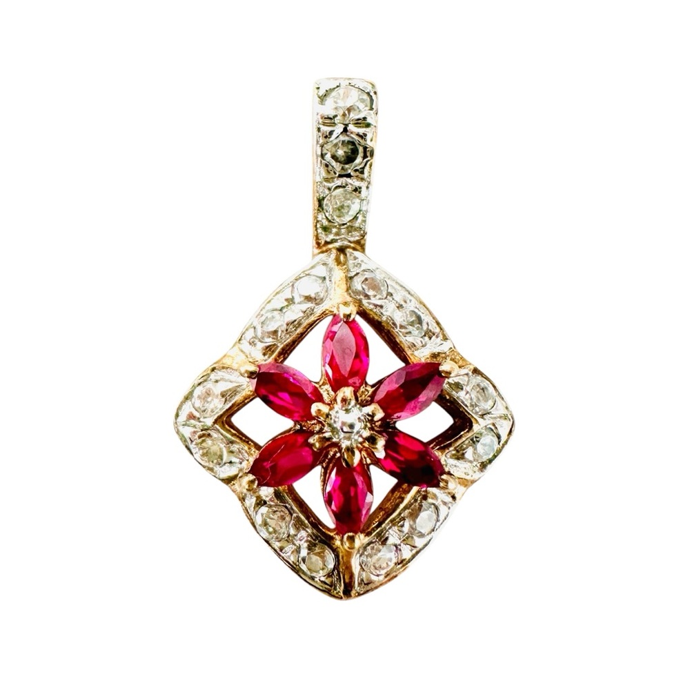 Vintage .925 WM Gold Vermeil Ruby CZ Star Flower Pendant